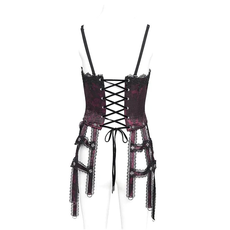 Damen Gothic Blumen besticktes Spitzenträger Tank Top Rot