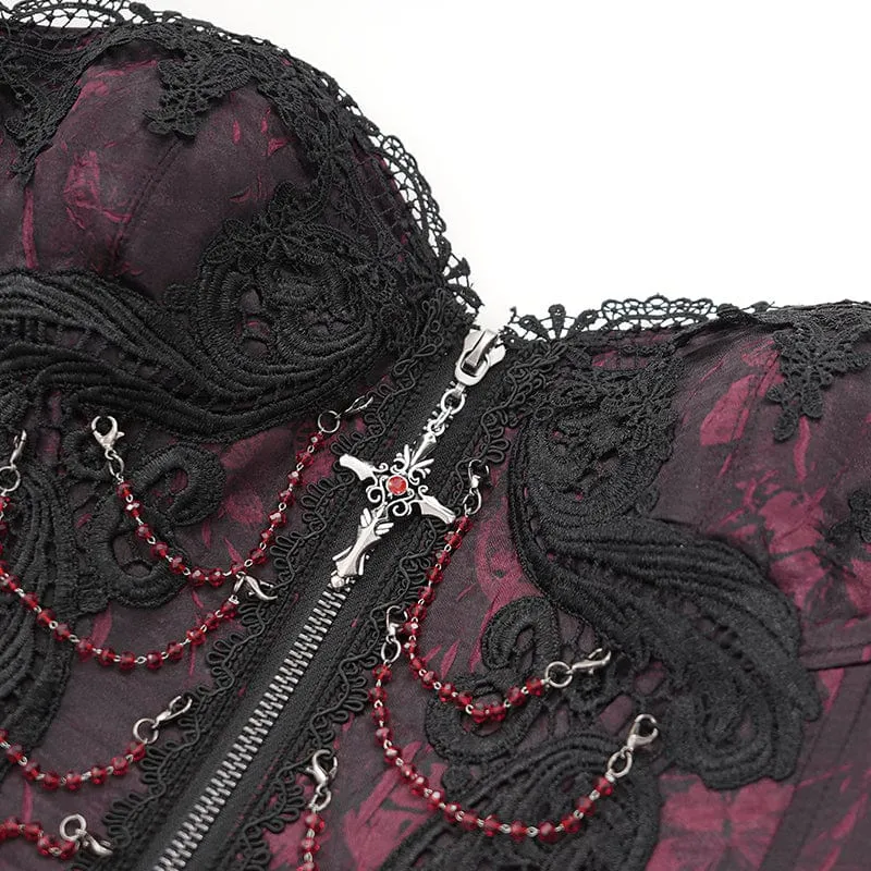 Damen Gothic Blumen besticktes Spitzenträger Tank Top Rot