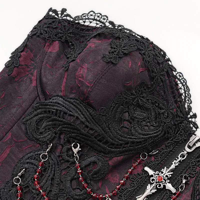Damen Gothic Blumen besticktes Spitzenträger Tank Top Rot