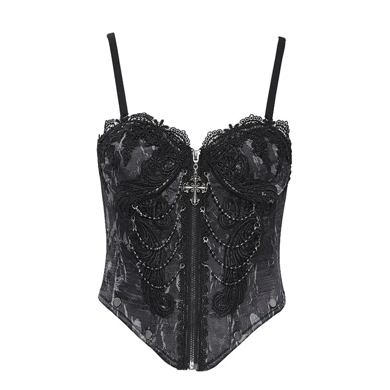 Damen Gothic Blumen besticktes Spitzenträger Tank Top Schwarz