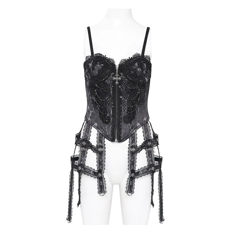 Damen Gothic Blumen besticktes Spitzenträger Tank Top Schwarz