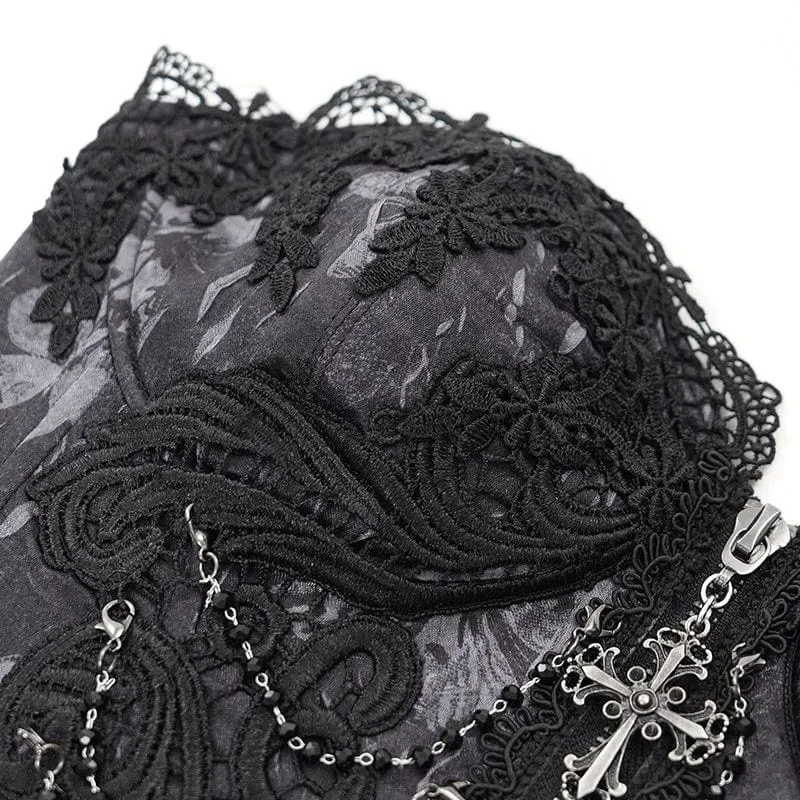 Damen Gothic Blumen besticktes Spitzenträger Tank Top Schwarz