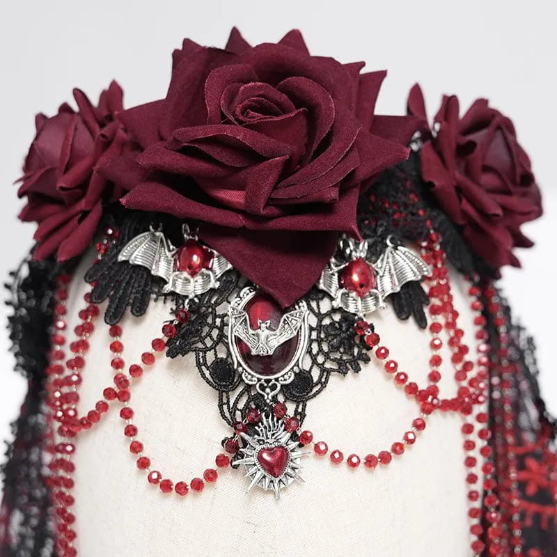 Gothic-Kopfbedeckung aus Netzstoff mit Rosenperlen für Damen