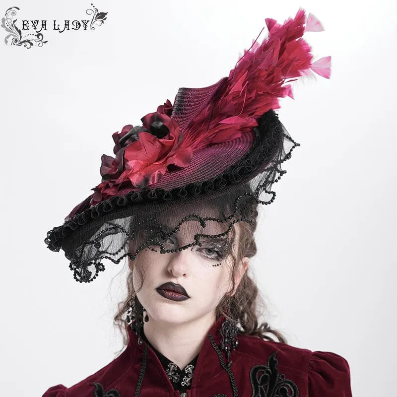 Damen Gothic Rose Rüschen Federhut Schwarz-Rot