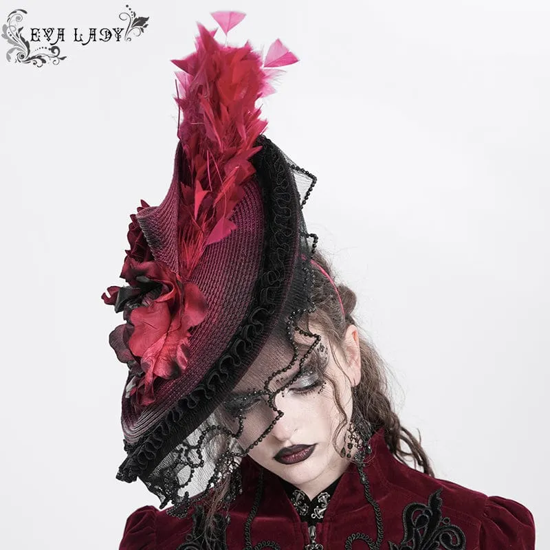 Damen Gothic Rose Rüschen Federhut Schwarz-Rot