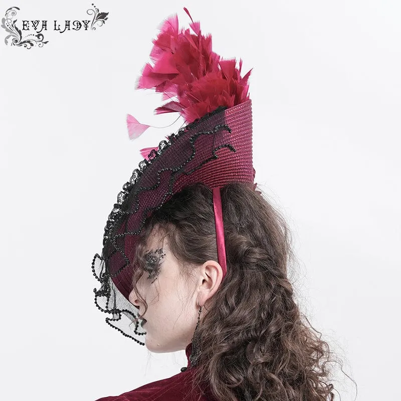 Damen Gothic Rose Rüschen Federhut Schwarz-Rot