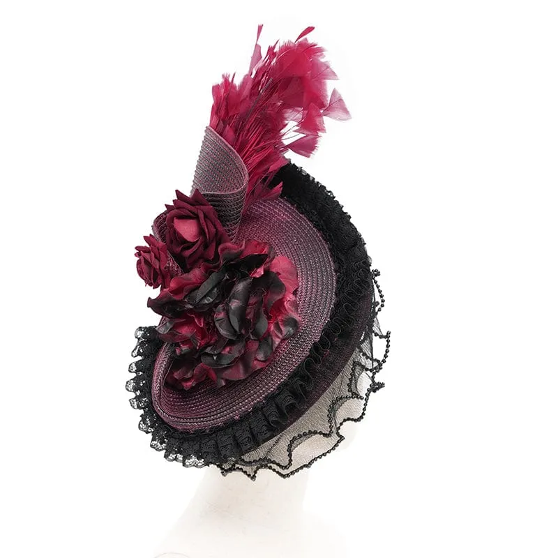 Damen Gothic Rose Rüschen Federhut Schwarz-Rot