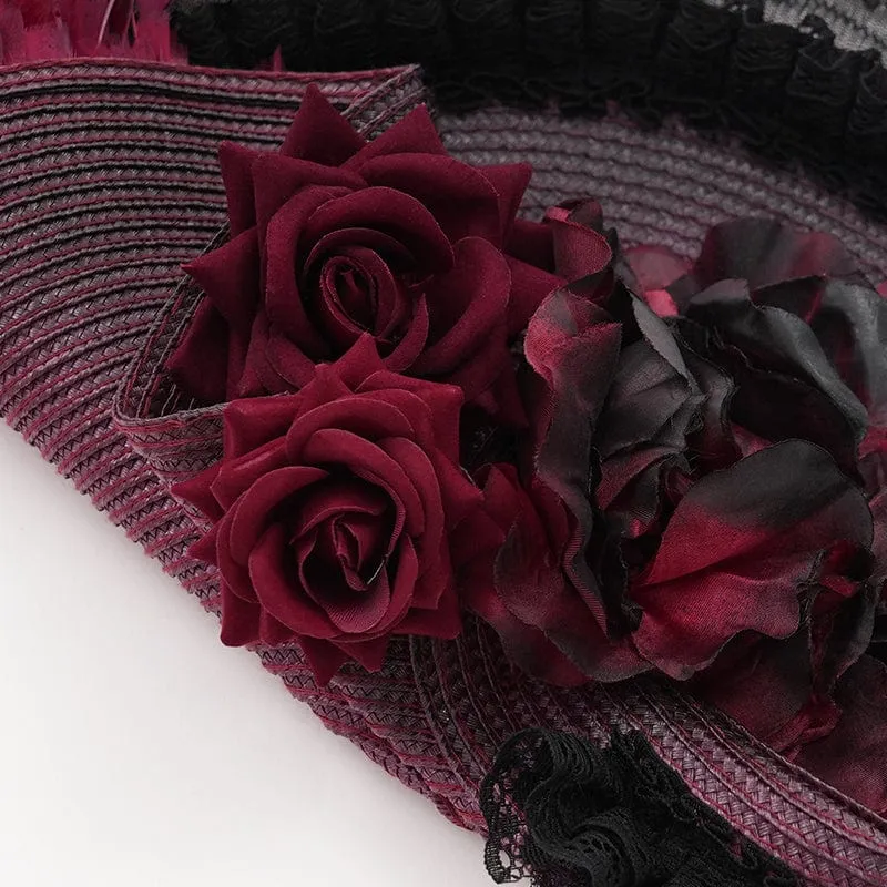 Damen Gothic Rose Rüschen Federhut Schwarz-Rot