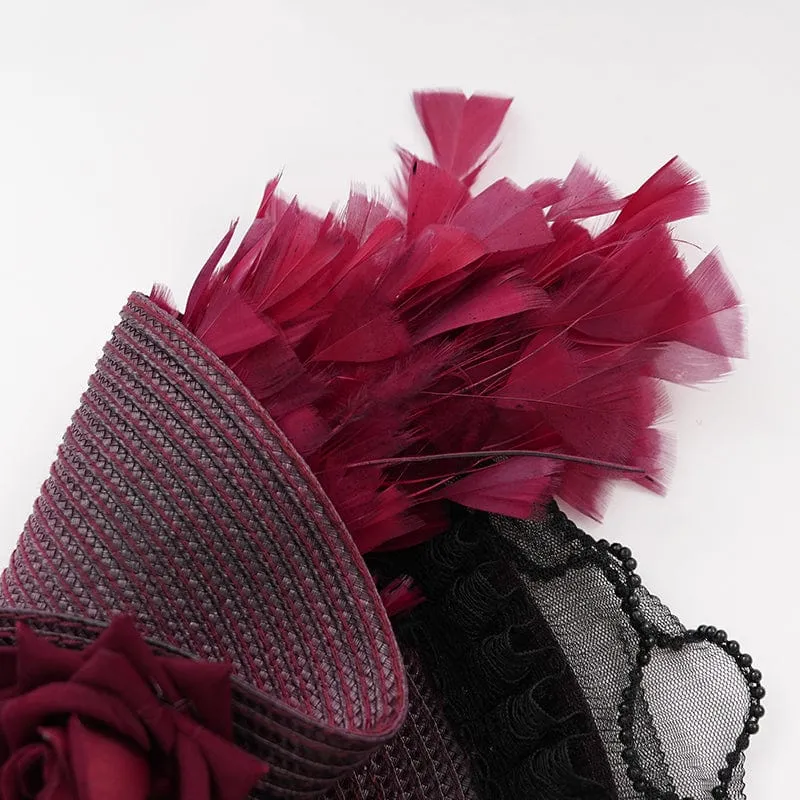 Damen Gothic Rose Rüschen Federhut Schwarz-Rot
