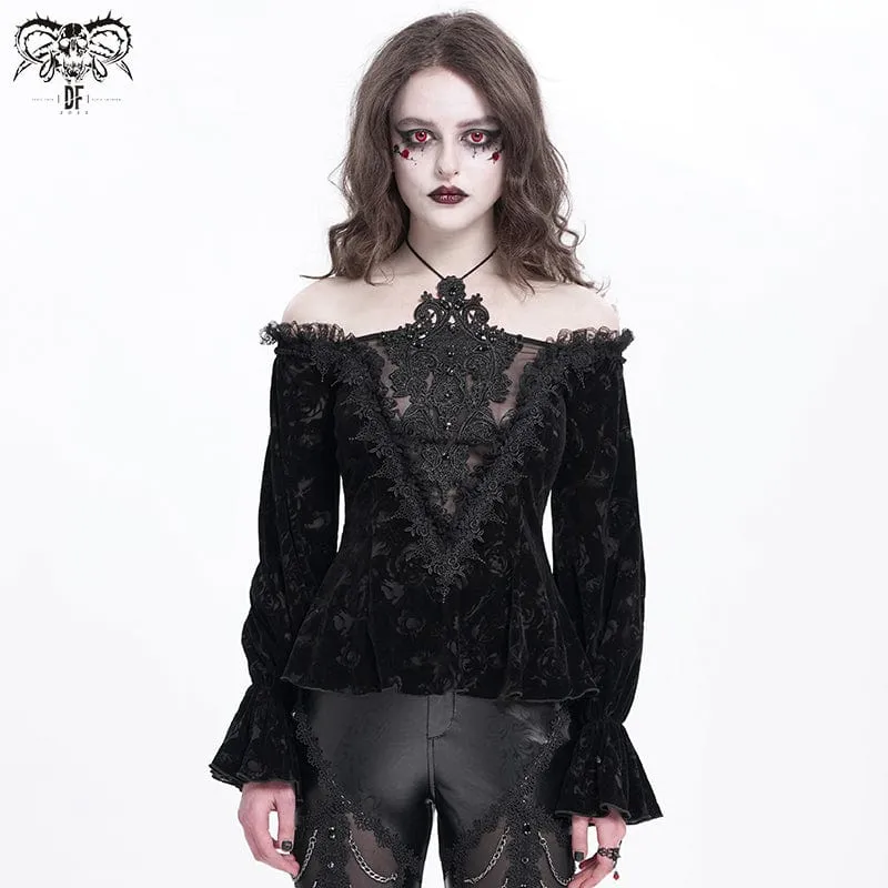 Gothic Off-Shoulder Flocking Samt Shirt für Damen