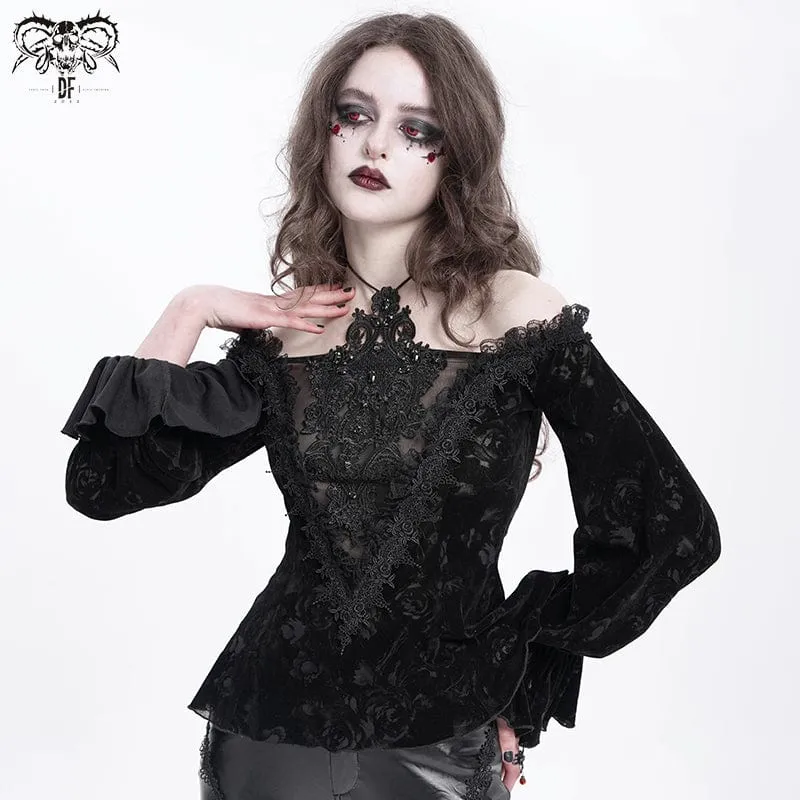 Gothic Off-Shoulder Flocking Samt Shirt für Damen