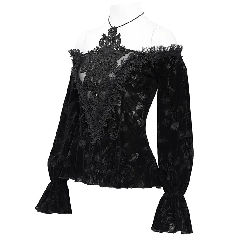 Gothic Off-Shoulder Flocking Samt Shirt für Damen
