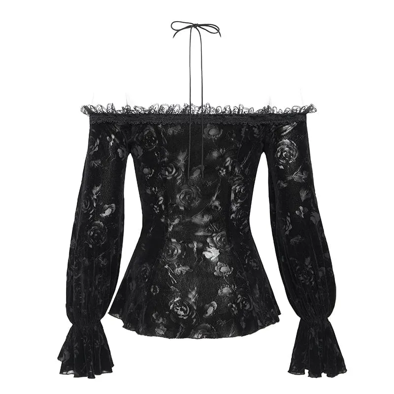 Gothic Off-Shoulder Flocking Samt Shirt für Damen