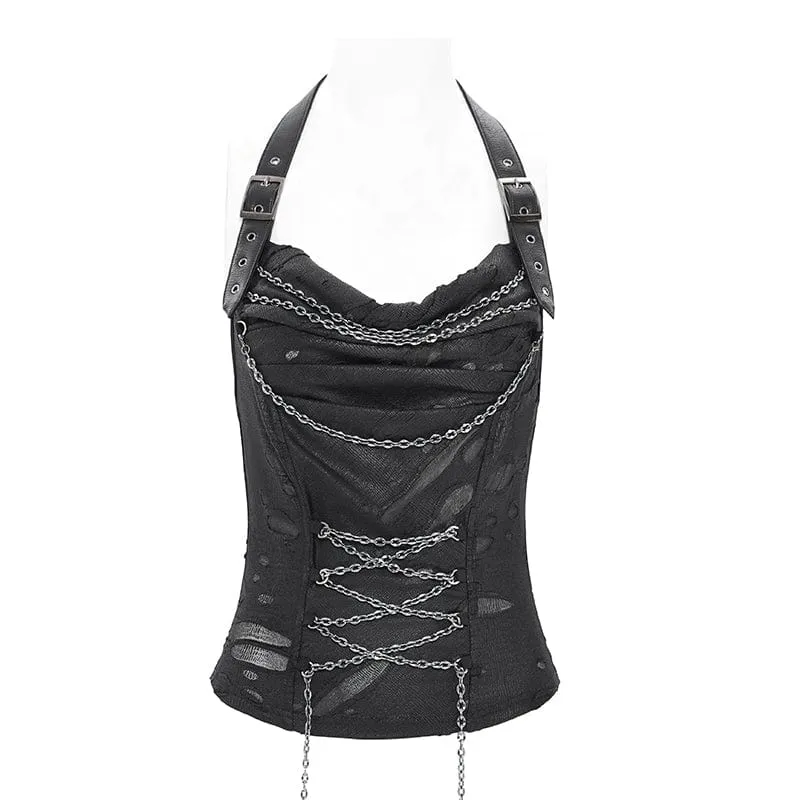 Punk-Tanktop mit Wasserfallausschnitt und zerrissener Kette für Damen