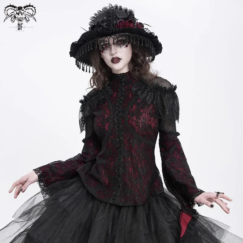 Gothic-Hemd mit ausgestellten Ärmeln, Perlenspitze und Spleiß für Damen in Rot
