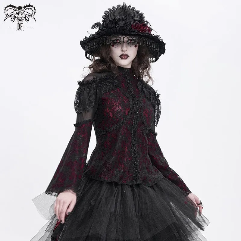 Gothic-Hemd mit ausgestellten Ärmeln, Perlenspitze und Spleiß für Damen in Rot