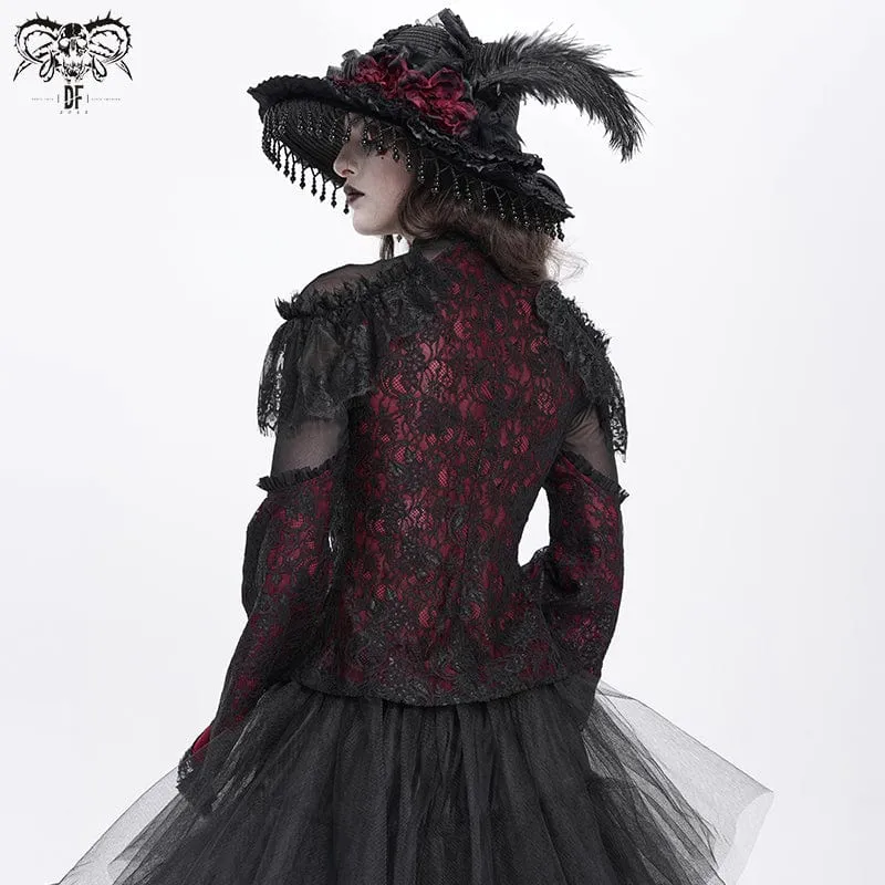 Gothic-Hemd mit ausgestellten Ärmeln, Perlenspitze und Spleiß für Damen in Rot