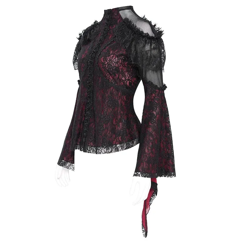 Gothic-Hemd mit ausgestellten Ärmeln, Perlenspitze und Spleiß für Damen in Rot