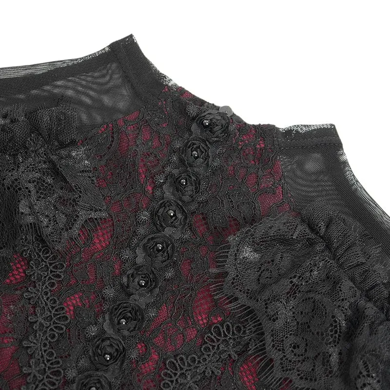 Gothic-Hemd mit ausgestellten Ärmeln, Perlenspitze und Spleiß für Damen in Rot