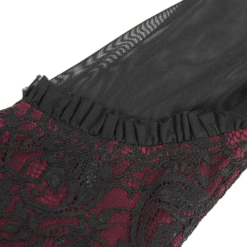 Gothic-Hemd mit ausgestellten Ärmeln, Perlenspitze und Spleiß für Damen in Rot