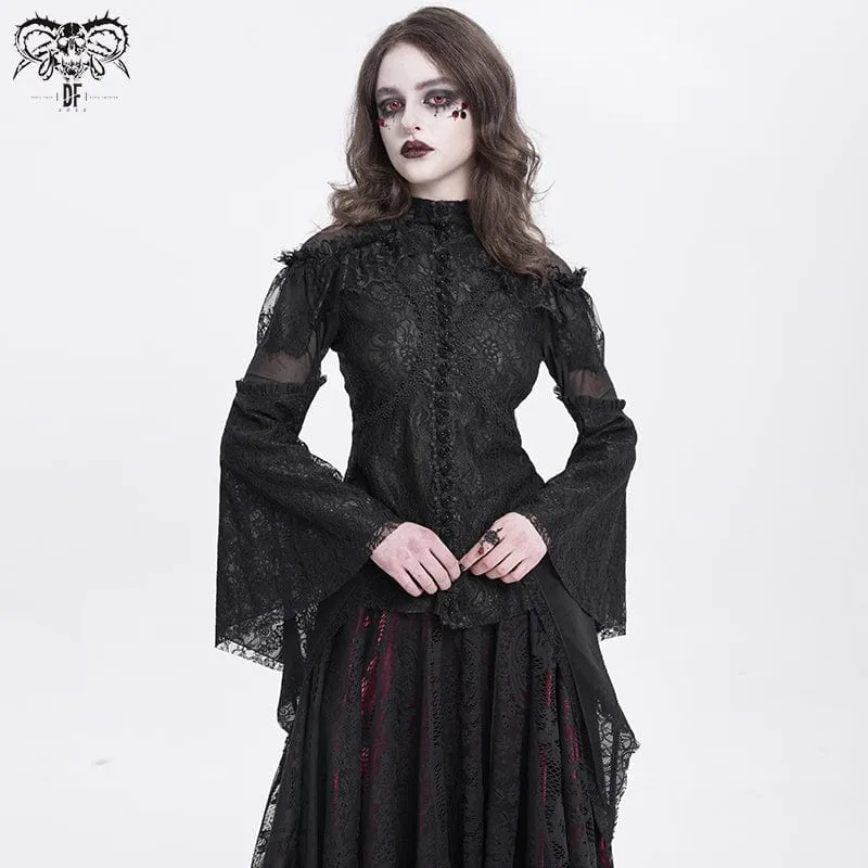 Gothic-Hemd mit ausgestellten Ärmeln, Perlenspitze und Spleiß für Damen in Schwarz
