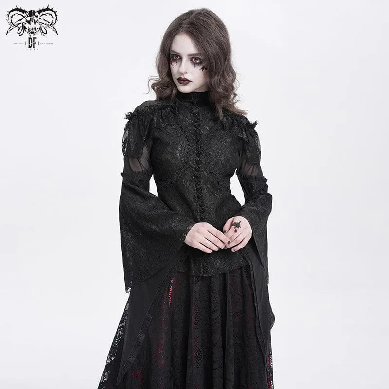 Gothic-Hemd mit ausgestellten Ärmeln, Perlenspitze und Spleiß für Damen in Schwarz