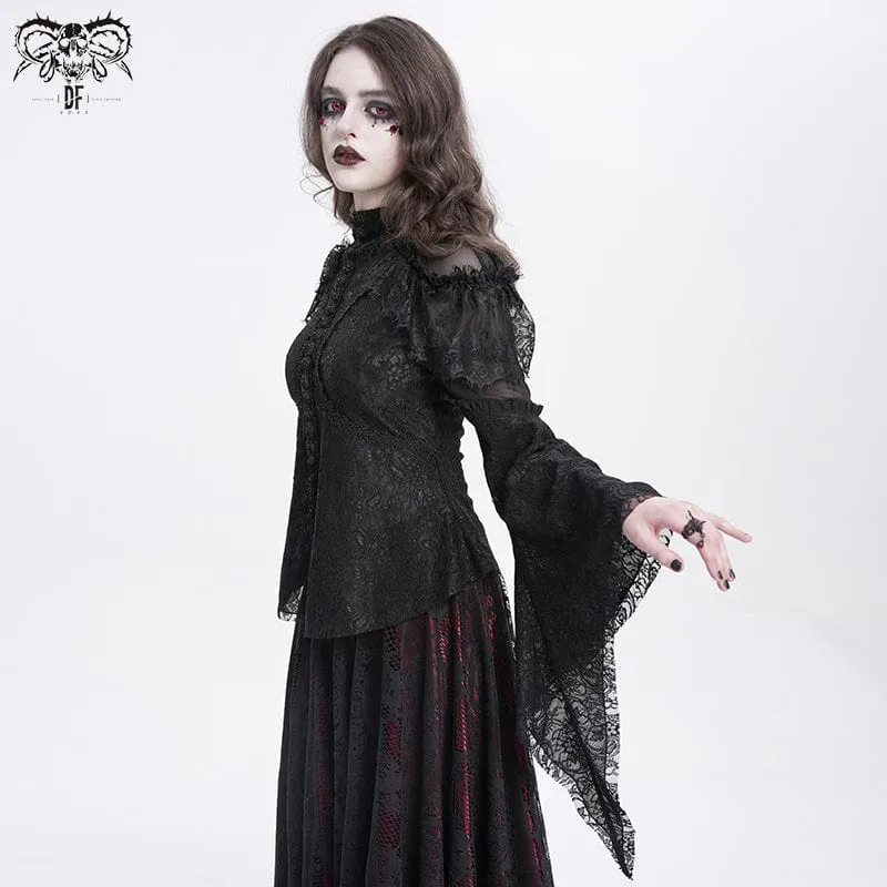 Gothic-Hemd mit ausgestellten Ärmeln, Perlenspitze und Spleiß für Damen in Schwarz