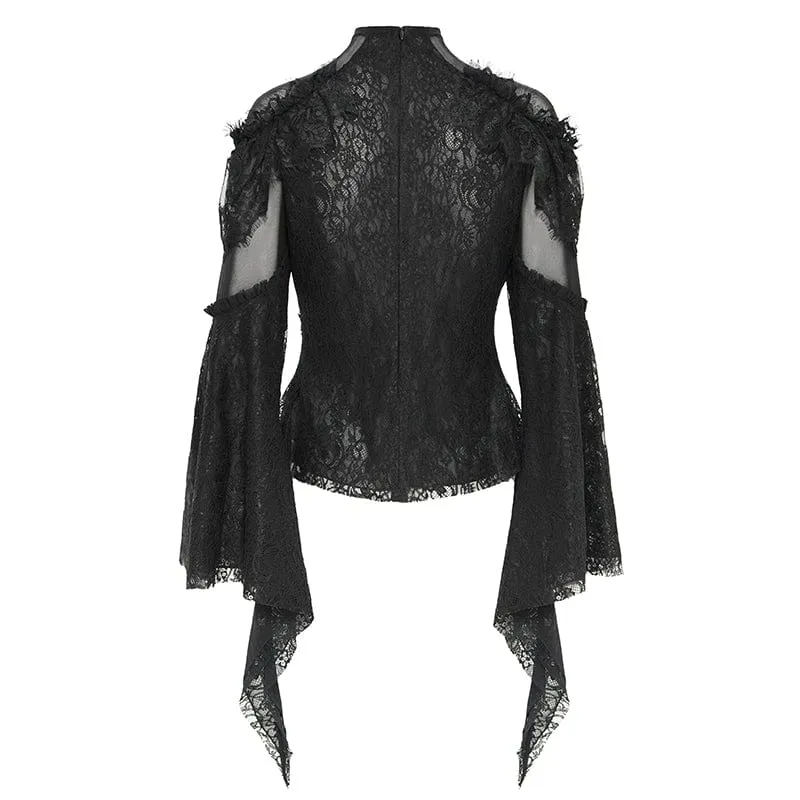 Gothic-Hemd mit ausgestellten Ärmeln, Perlenspitze und Spleiß für Damen in Schwarz