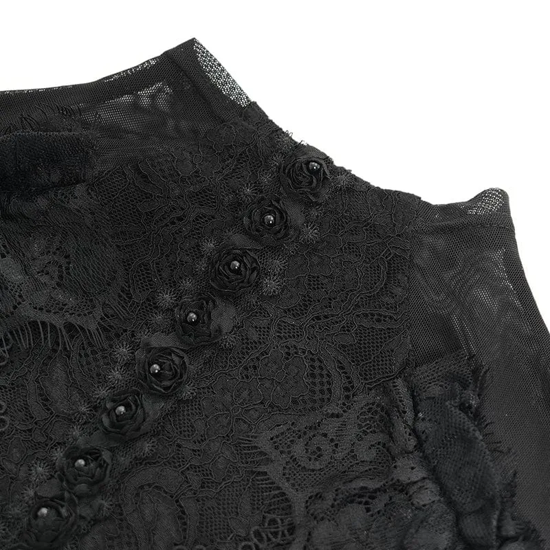 Gothic-Hemd mit ausgestellten Ärmeln, Perlenspitze und Spleiß für Damen in Schwarz
