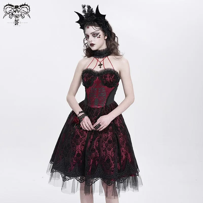 Gothic-Kleid für Damen mit Skelett-Print, Spitzeneinsatz, Neckholder, Hexen-Stil, rotes Abschlusskleid
