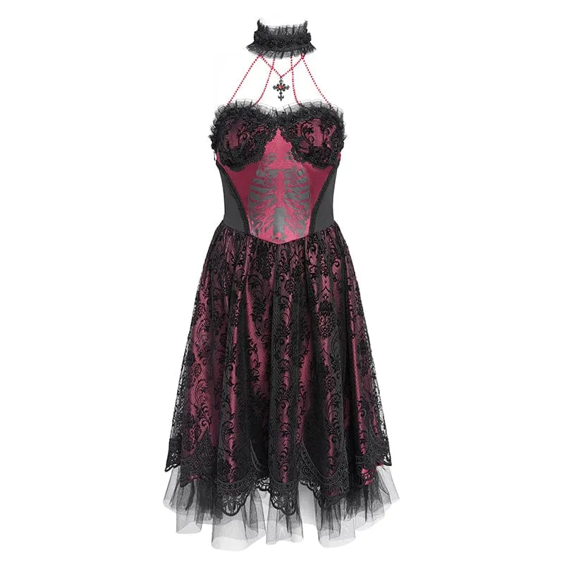 Gothic-Kleid für Damen mit Skelett-Print, Spitzeneinsatz, Neckholder, Hexen-Stil, rotes Abschlusskleid
