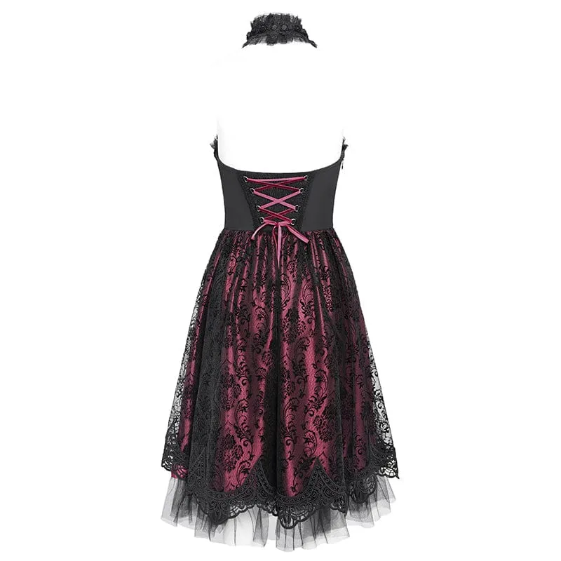 Gothic-Kleid für Damen mit Skelett-Print, Spitzeneinsatz, Neckholder, Hexen-Stil, rotes Abschlusskleid