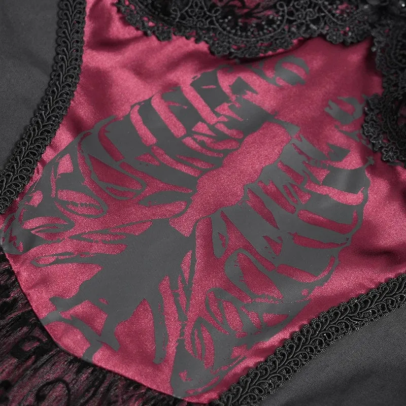 Gothic-Kleid für Damen mit Skelett-Print, Spitzeneinsatz, Neckholder, Hexen-Stil, rotes Abschlusskleid