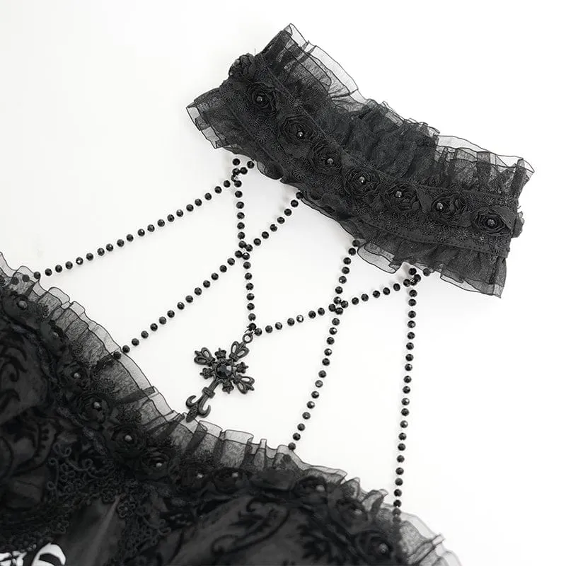 Schwarzes Gothic-Kleid für Damen mit Skelett-Print, Spitzeneinsatz, Neckholder und Hexenmotiv – perfekt für Abschlussfeiern.