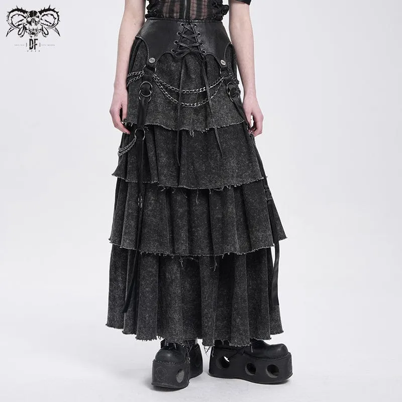 Damen Punk Distressed Lagenrock mit Schnürung