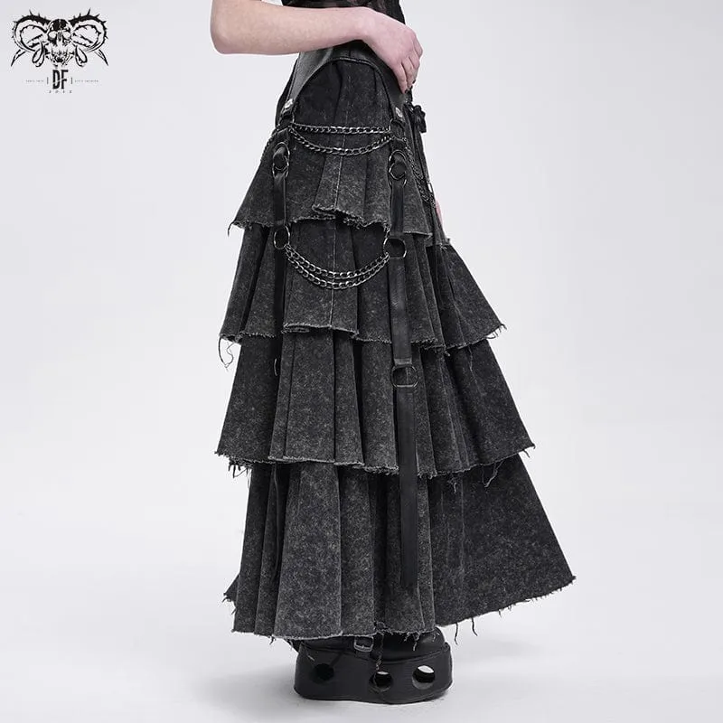 Damen Punk Distressed Lagenrock mit Schnürung