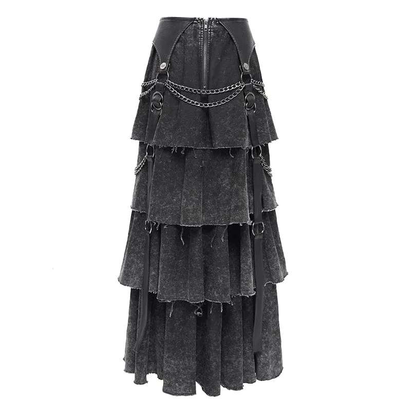 Damen Punk Distressed Lagenrock mit Schnürung