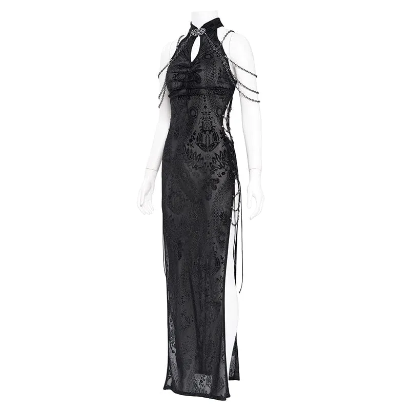 Damen Gothic Cheongsam Kragen Seitenschlitz Neckholder Ballkleid