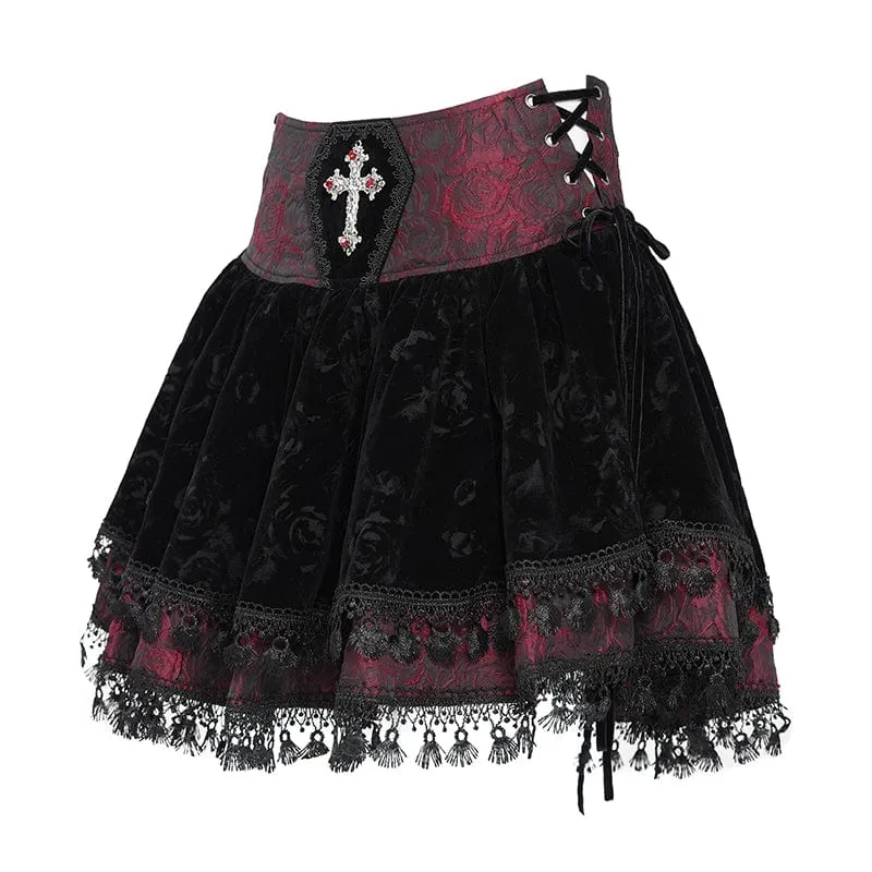 Gothic-Samtrock mit Kreuzquaste für Damen, Rot