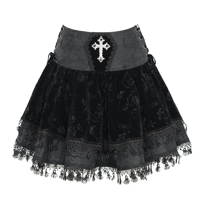 Gothic-Samtrock mit Kreuzquaste für Damen, Schwarz