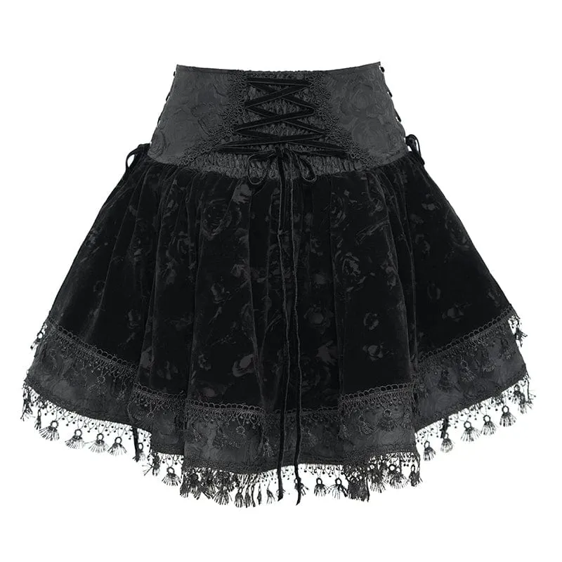 Gothic-Samtrock mit Kreuzquaste für Damen, Schwarz