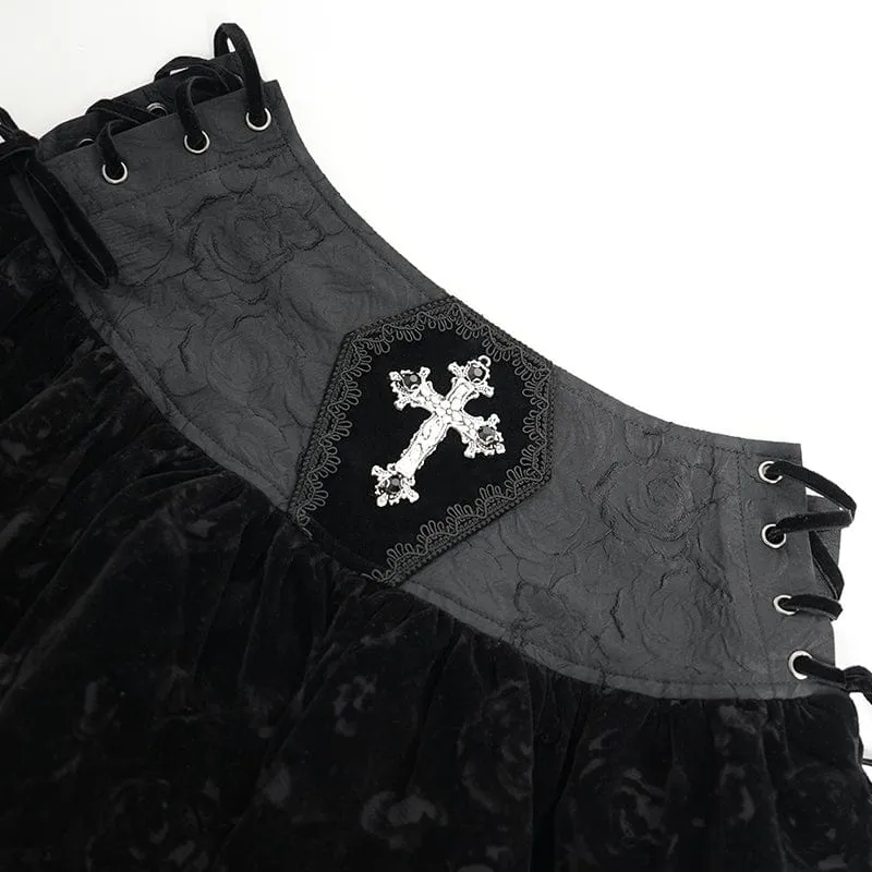 Gothic-Samtrock mit Kreuzquaste für Damen, Schwarz