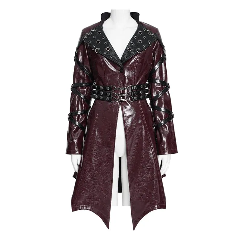 Punk-Jacke für Damen mit unregelmäßigen Ösen und Ringen, Umlegekragen, Schwarz-Rot