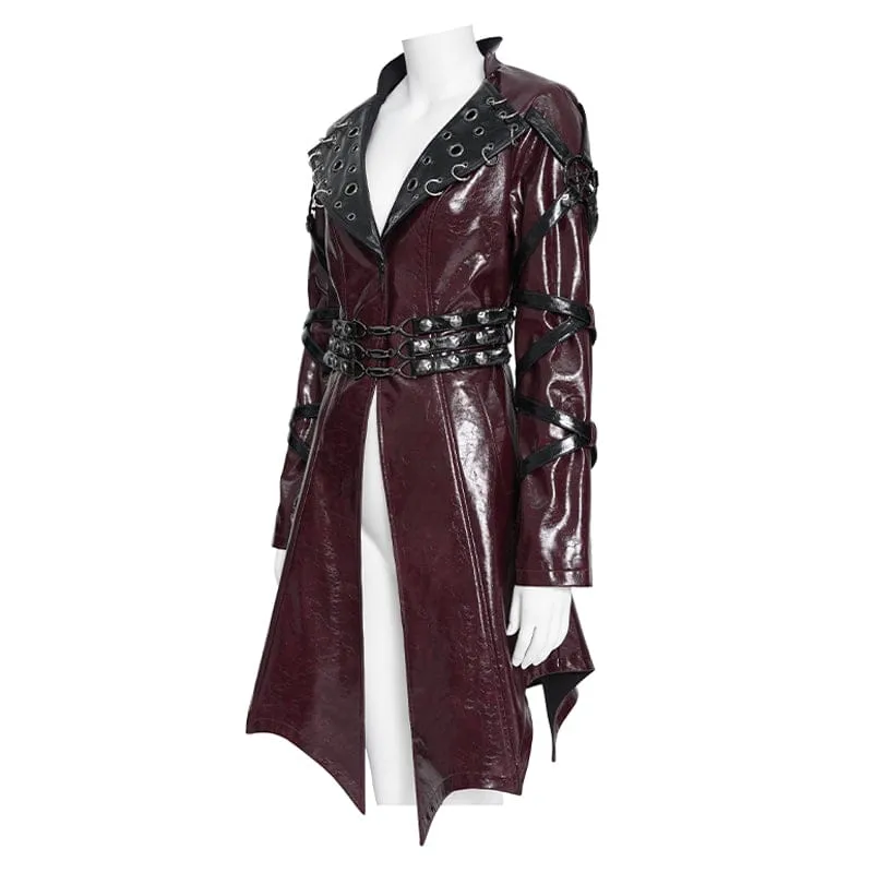 Punk-Jacke für Damen mit unregelmäßigen Ösen und Ringen, Umlegekragen, Schwarz-Rot