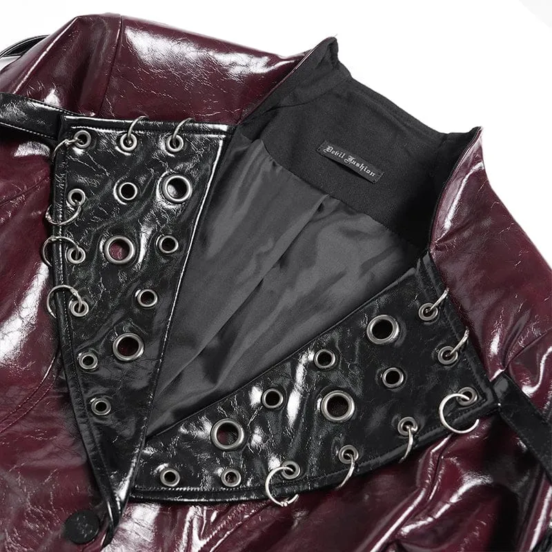 Punk-Jacke für Damen mit unregelmäßigen Ösen und Ringen, Umlegekragen, Schwarz-Rot