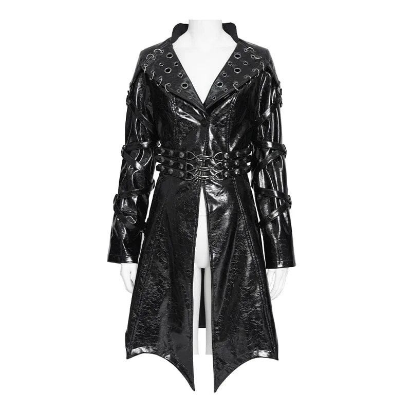Schwarze Punk-Jacke für Damen mit unregelmäßigen Ösen und Ringen, Umlegekragen