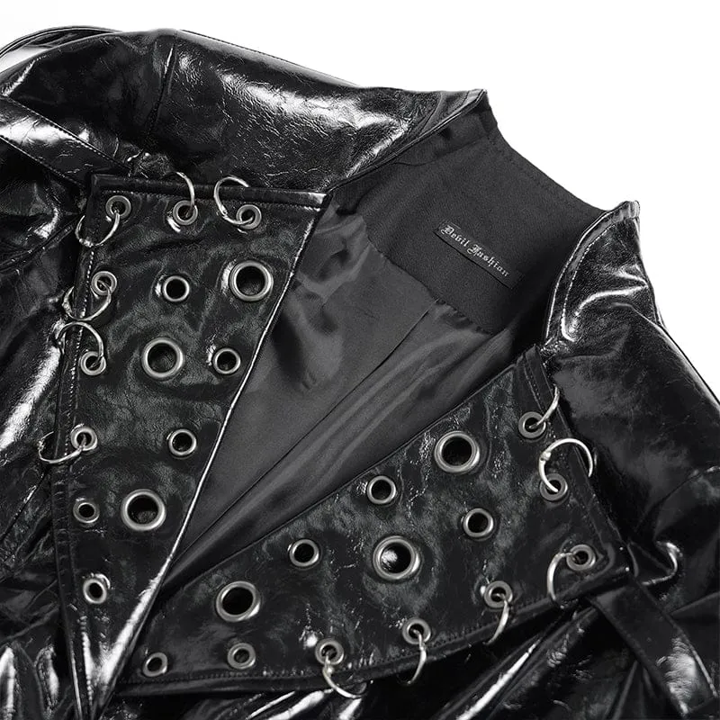 Schwarze Punk-Jacke für Damen mit unregelmäßigen Ösen und Ringen, Umlegekragen