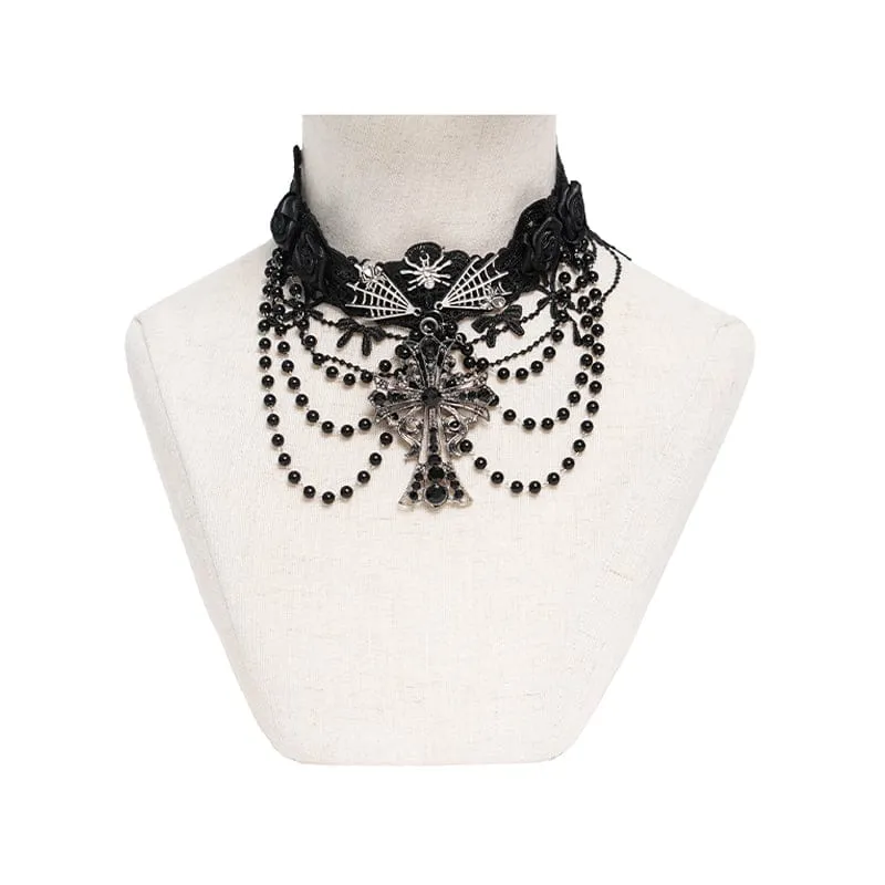 Gothic-Choker mit Spinnenkreuz und Perlen für Damen