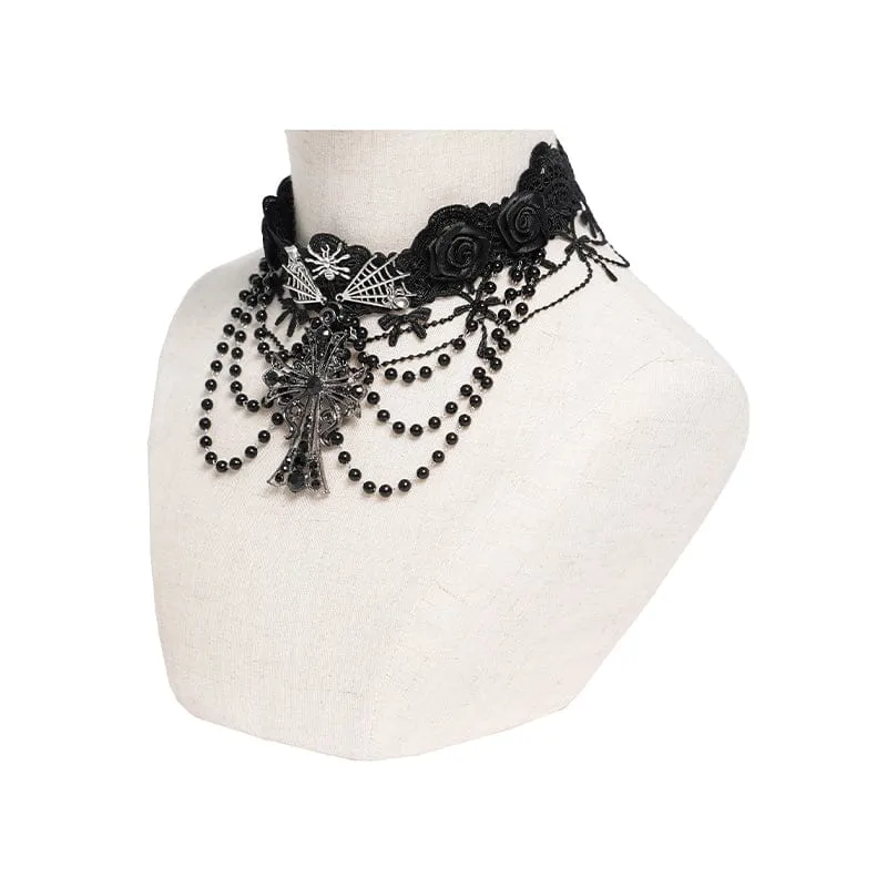 Gothic-Choker mit Spinnenkreuz und Perlen für Damen