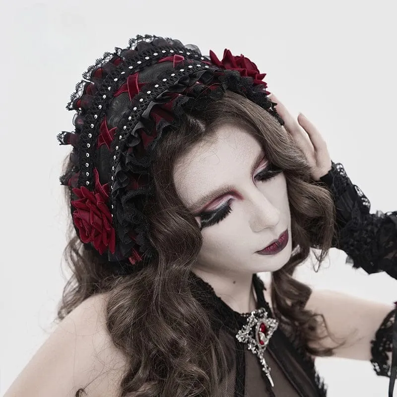 Gothic-Haarschmuck für Damen mit Rosenmuster, Rüschen und Spitze, Schwarz-Rot